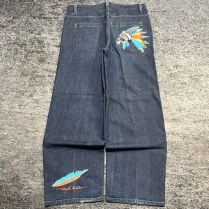 Vintage Ruff Ryders Jeans Embroidered 38x32 Blue Tribal Skull Baggy Wide Leg Y2K